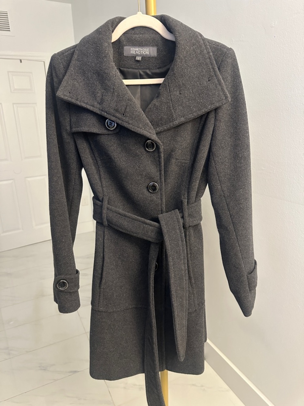 Kenneth Cole Charcoal Gray Belted Wool Trench Coat